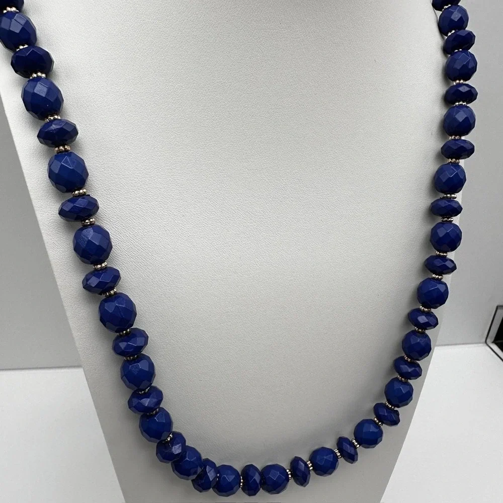 Vintage 90s Gold Tone Blue Faceted Beaded Statement Necklace Women's Jewelry Y2K